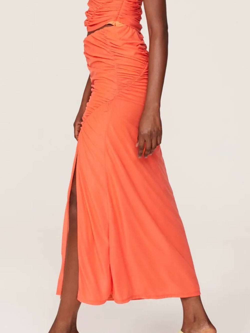 Simon Miller Swizzy Skirt Coral-Orange Ruched Midi Dress with Side Slit